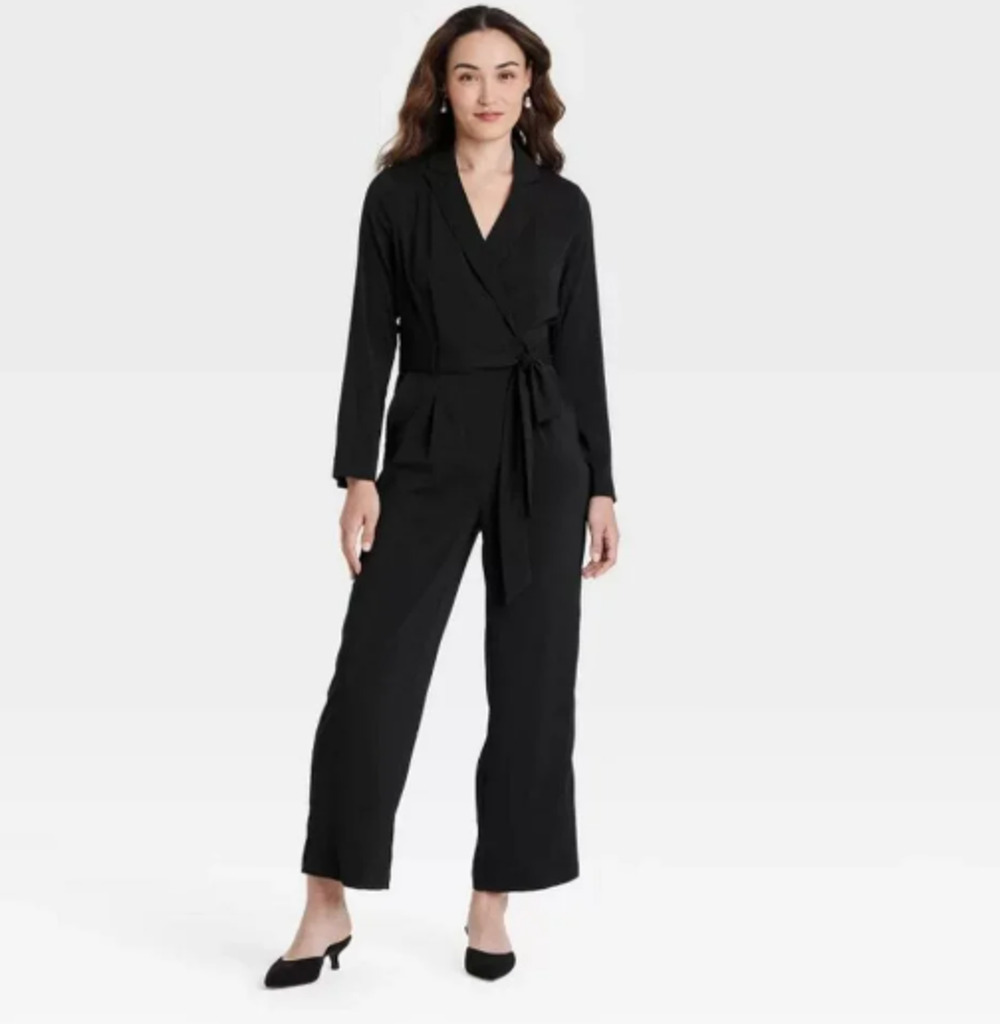 Long Sleeve Wrap Front Jumpsuit Black Sz Medium NWT A New Day
